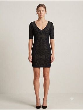 Z Spoke by Zac Posen Black V-Neck Lace-Pattern Mini Dress - XS